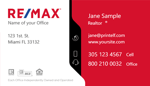Modern design. ReMax business card. White red black and blue.